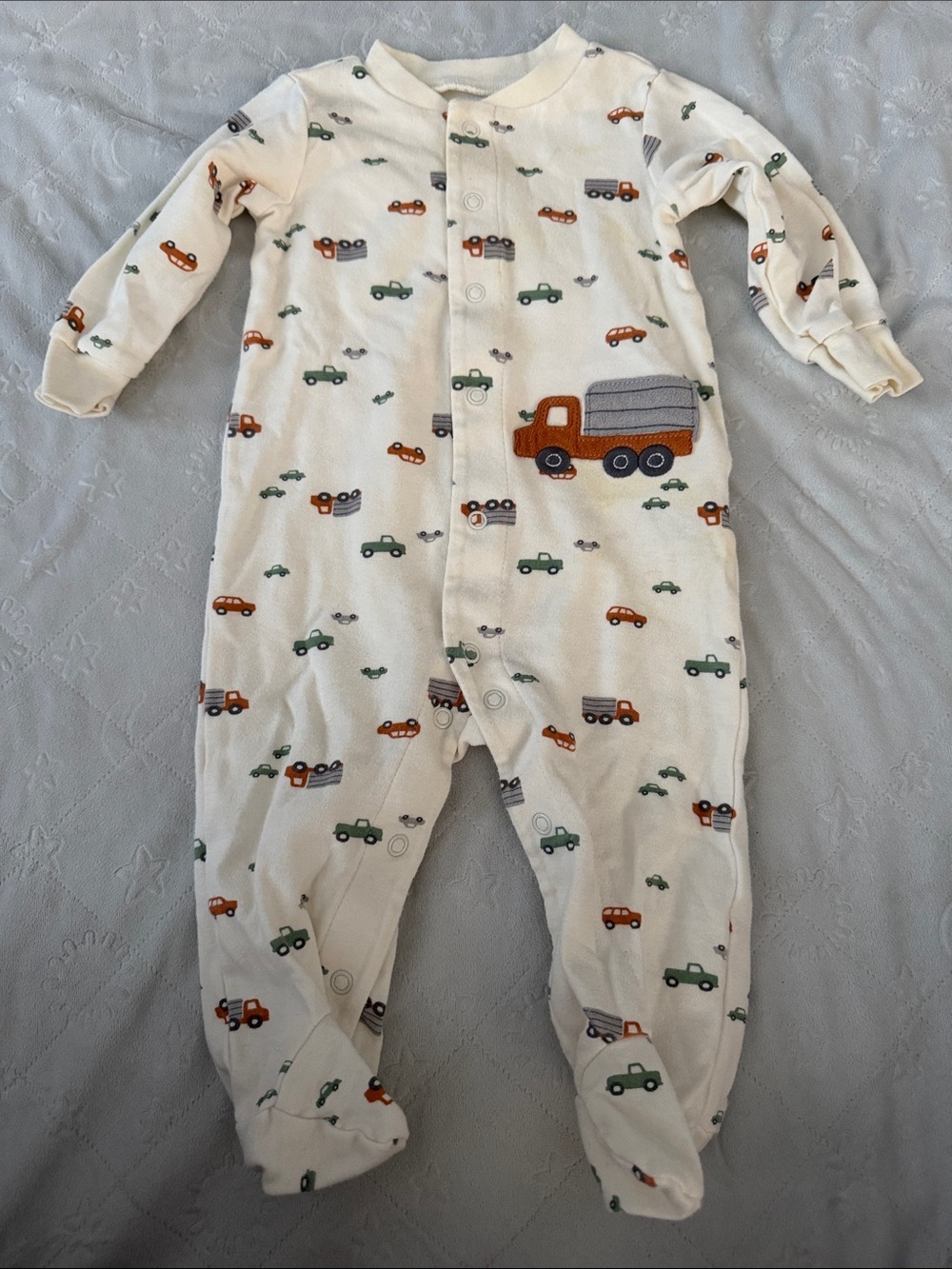 Unbranded Cream Baby One-Piece with Orange & Green Truck Print